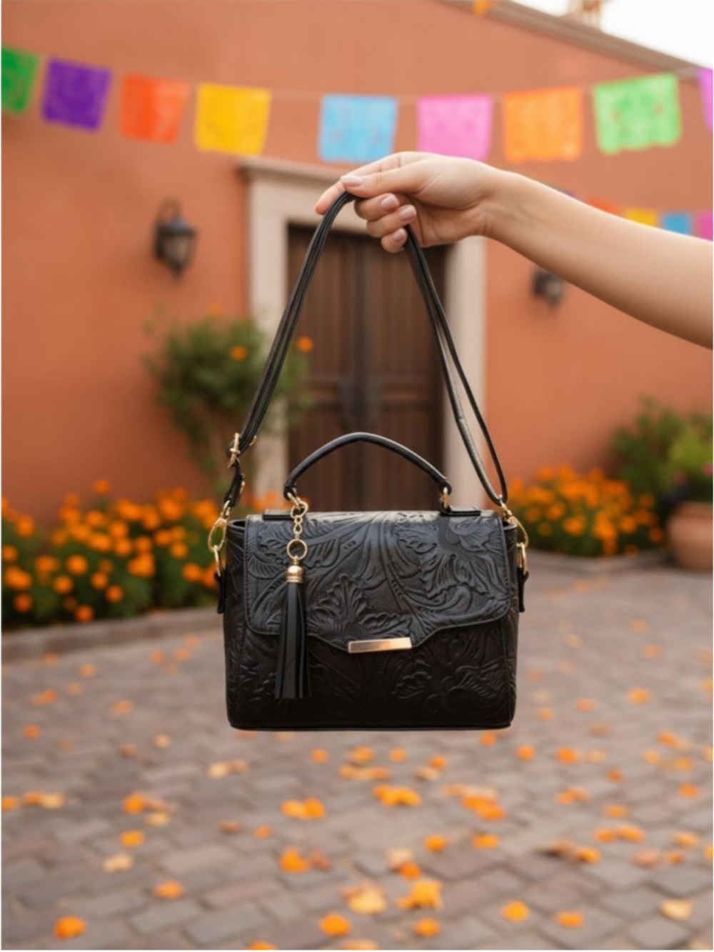 Midnight Bloom Black Floral Embossed Artisan LEATHER Crossbody Handbag Purse